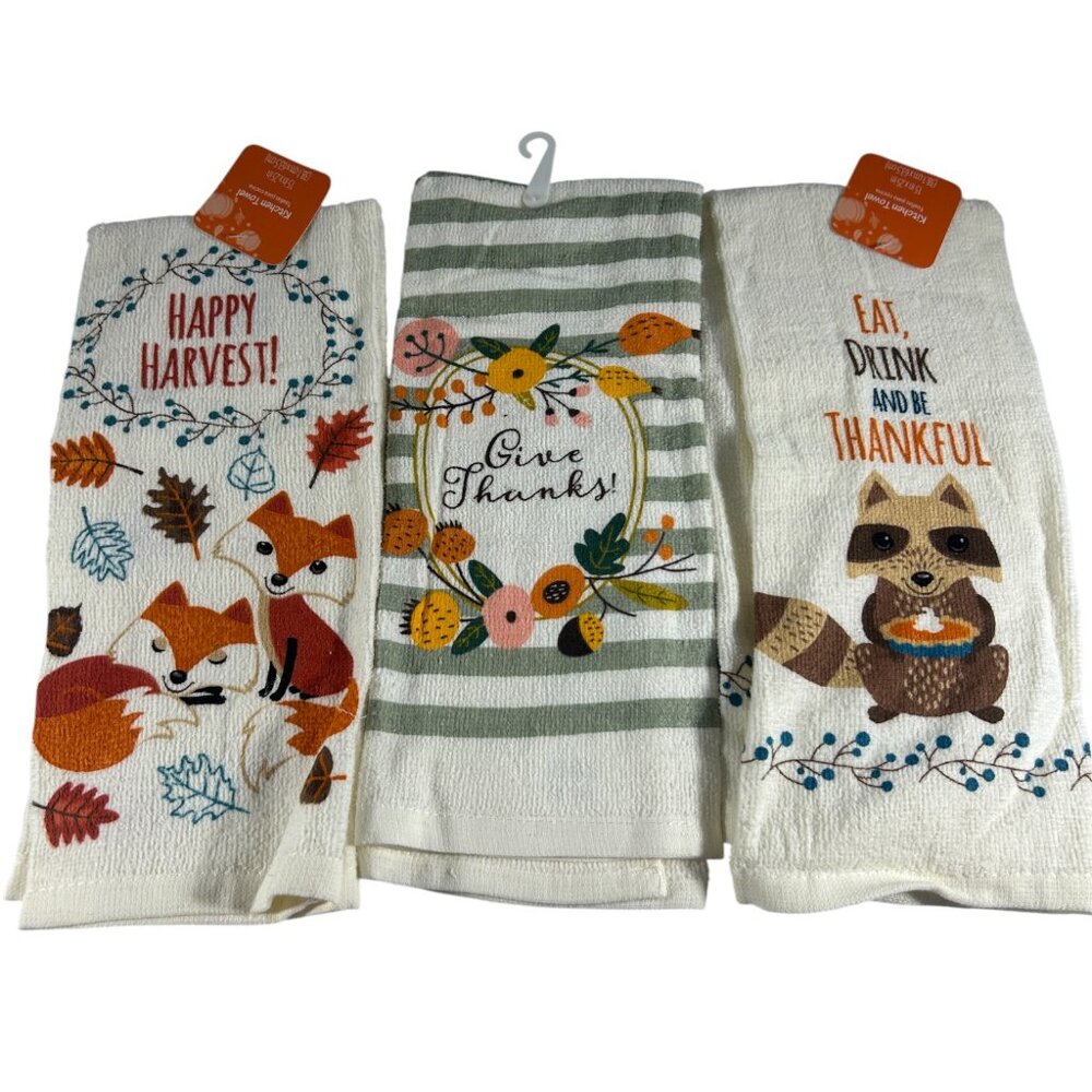 Women Owned Set 3 Kitchen Dish Towels Racoon Fox Fall Harvest Thankful Cotton